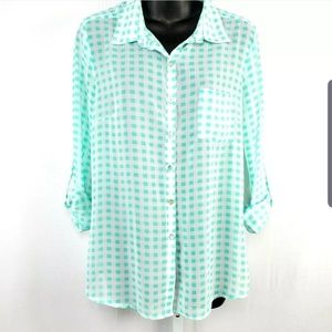 Freebird Sheer Button Up Green White Checkered Top